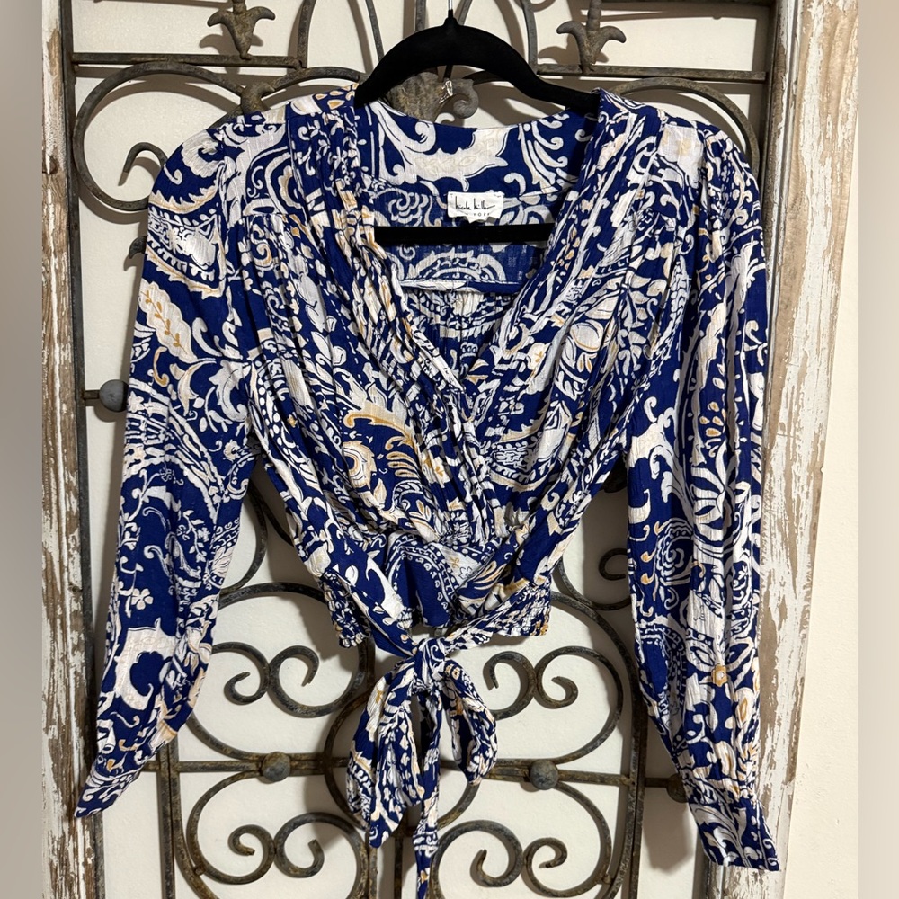 Long Sleeve Patterned Wrap Blouse